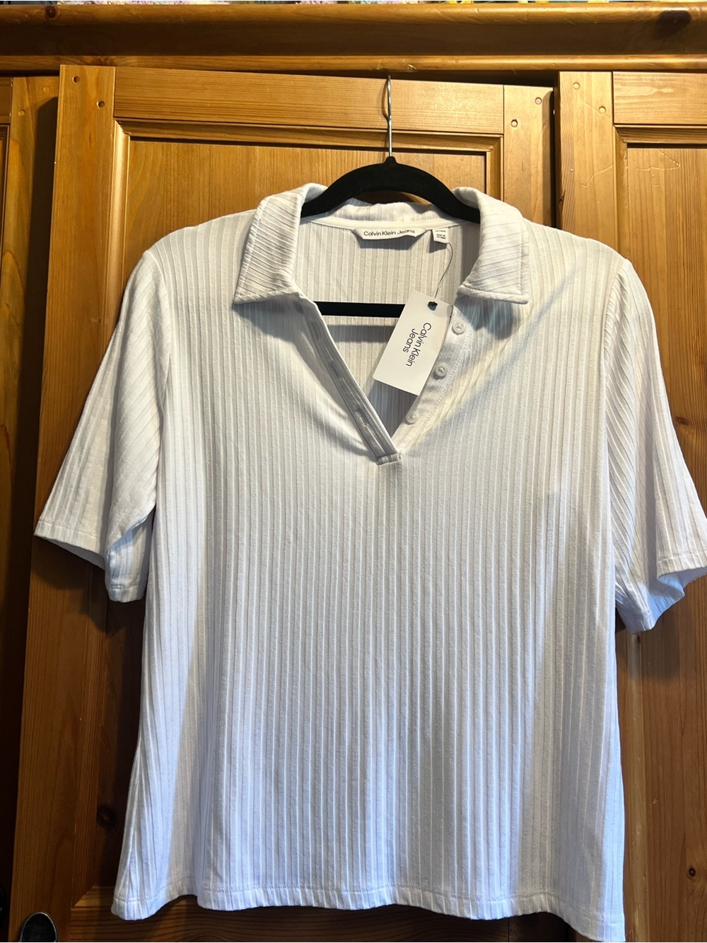 Calvin Klein White Rib-Knit Polo Top